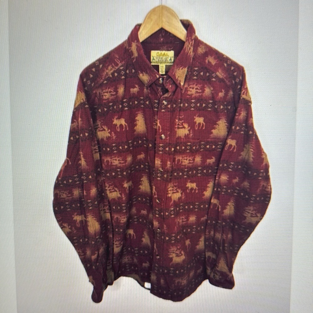 CABELA Red Chamois Southwestern Flannel Button Shirt‎ XL Moose Outdoor Print